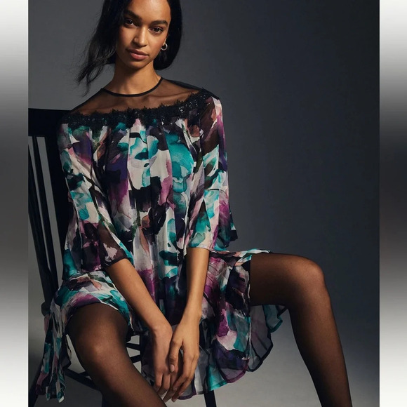 Anthropologie Women’s Flutter Sleeve Dress Whimsigoth Fairy Grunge Watercolor L - Picture 1 of 16